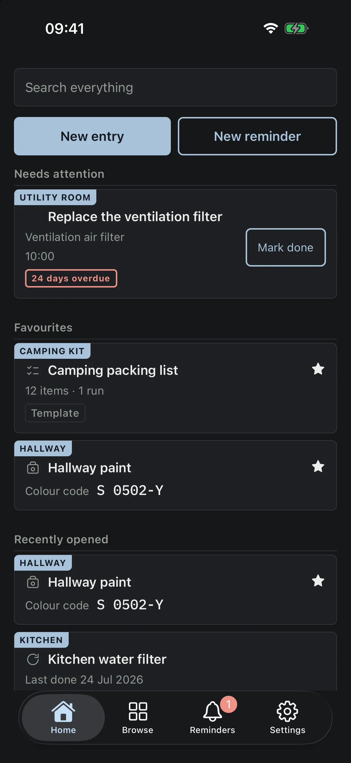The Trovva home screen. A Needs attention section shows one overdue reminder, to replace the ventilation air filter. Below it, favourites including the camping packing list, marked as a template of twelve items with one run started from it, and recently opened entries.
