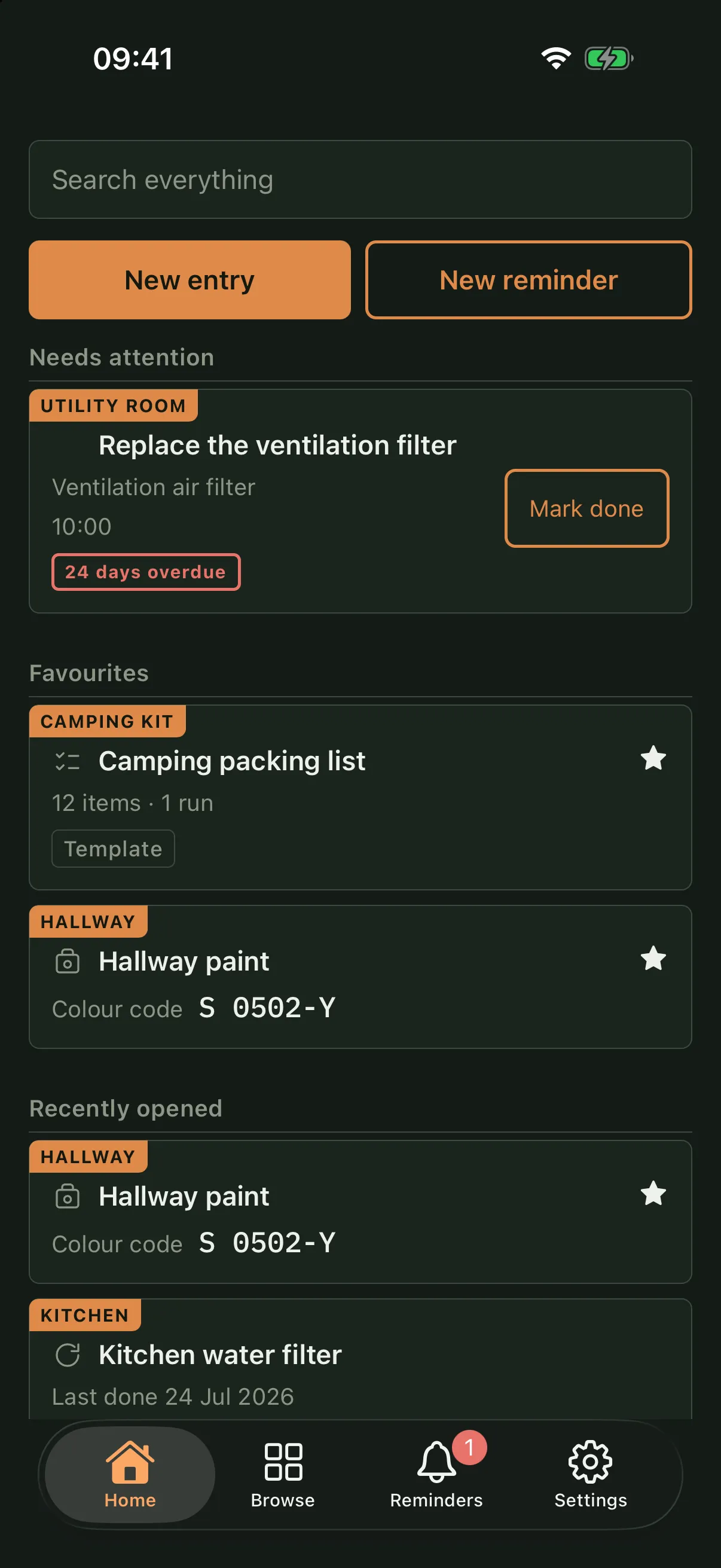 The Trovva home screen. A Needs attention section shows one overdue reminder, to replace the ventilation air filter. Below it, favourites including the camping packing list, marked as a template of twelve items with one run started from it, and recently opened entries.