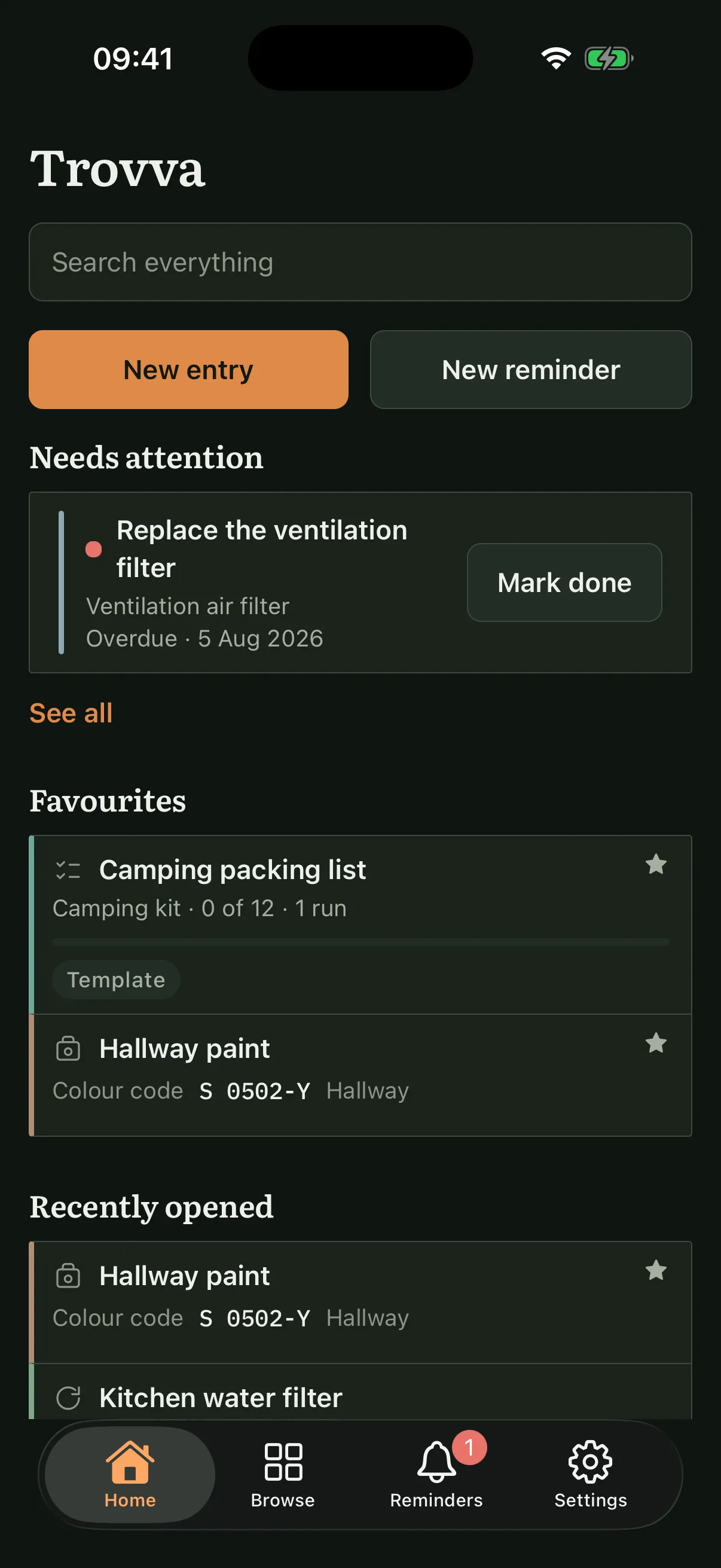 The Trovva home screen. A Needs attention section shows one overdue reminder, to replace the ventilation air filter. Below it, favourites including the camping packing list at nought of twelve, and recently opened entries.