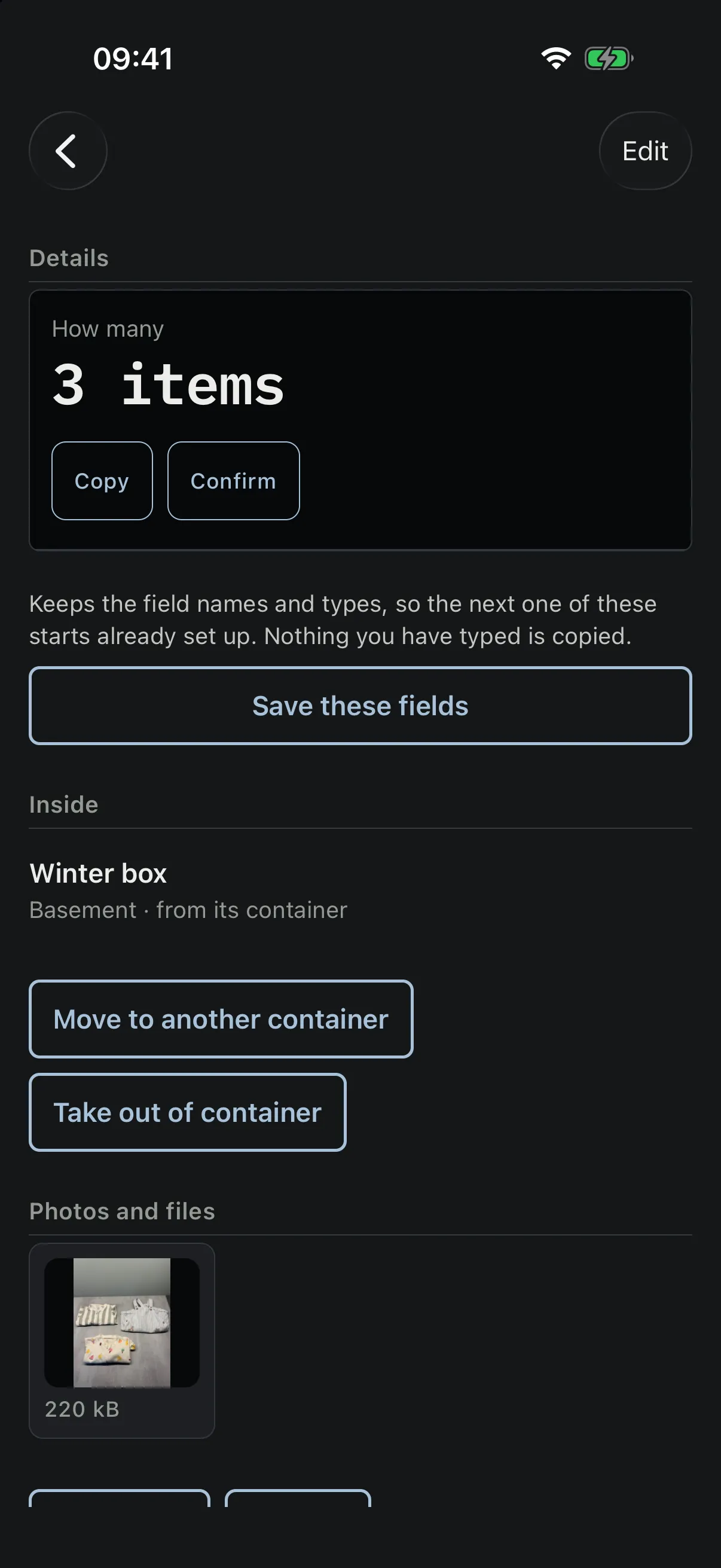 The sleepsuits as an entry in their own right: their own count of three items, the Winter box they are inside with actions to move them or take them out, and their own photograph.