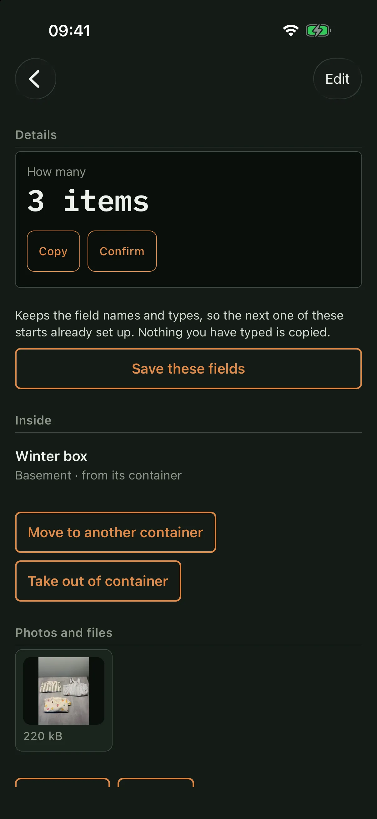 The sleepsuits as an entry in their own right: their own count of three items, the Winter box they are inside with actions to move them or take them out, and their own photograph.