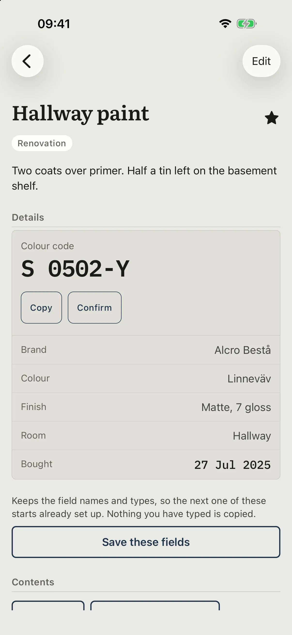 The hallway paint entry in light mode, with the colour code S 0502-Y promoted above the plate over a button that copies it, and the brand, colour name and finish on the plate below.