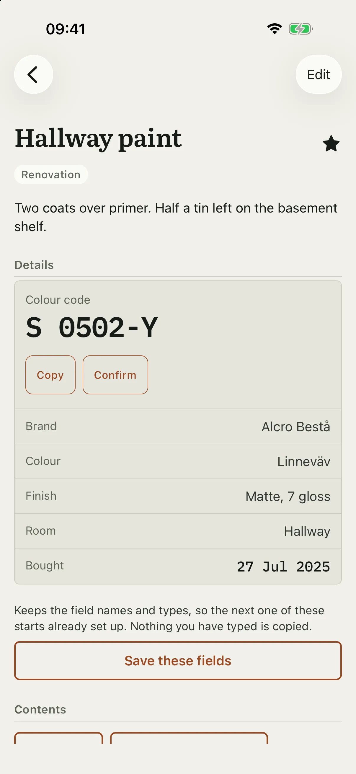 The hallway paint entry in light mode, with the colour code S 0502-Y promoted above the plate over a button that copies it, and the brand, colour name and finish on the plate below.
