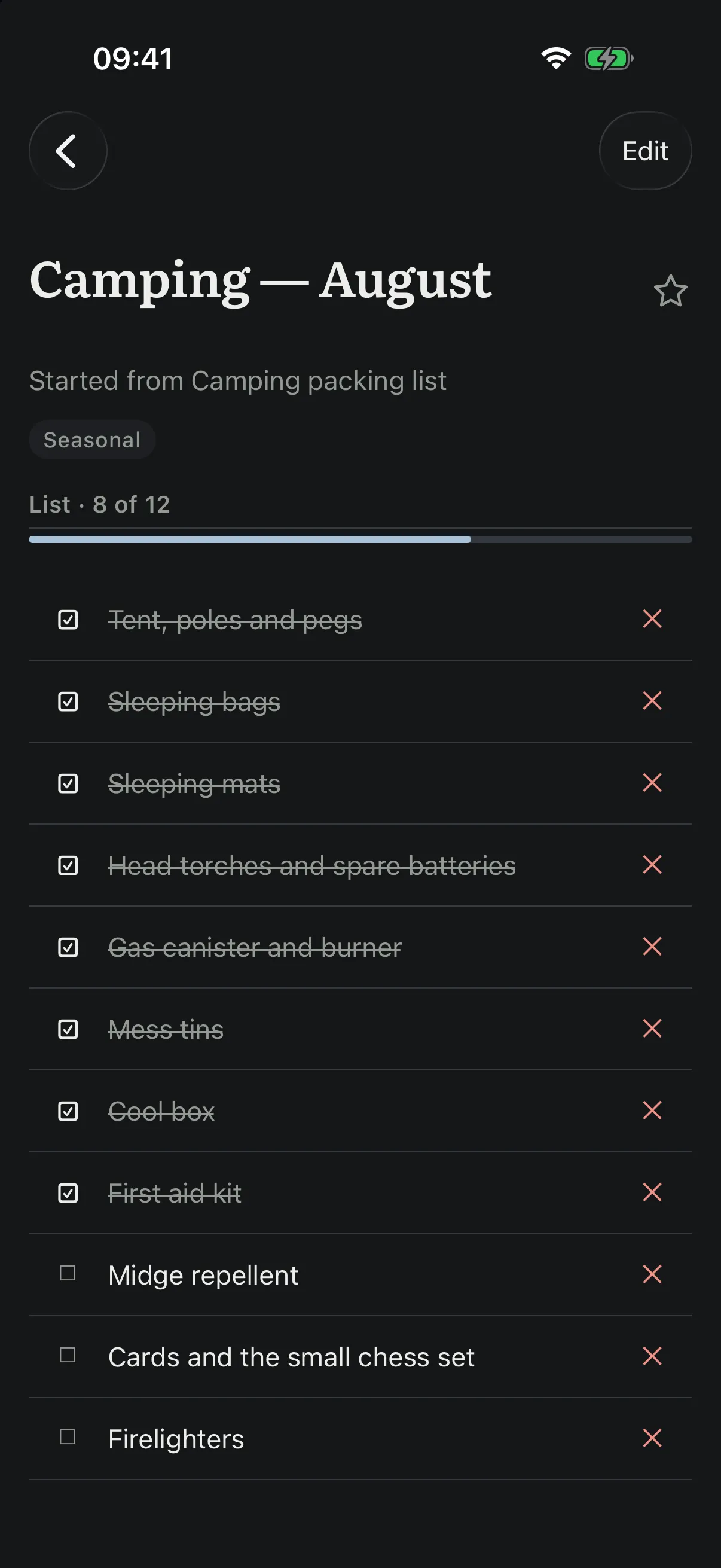 A camping packing run, eight of twelve items ticked and struck through, with the ones still to pack listed unticked below them.