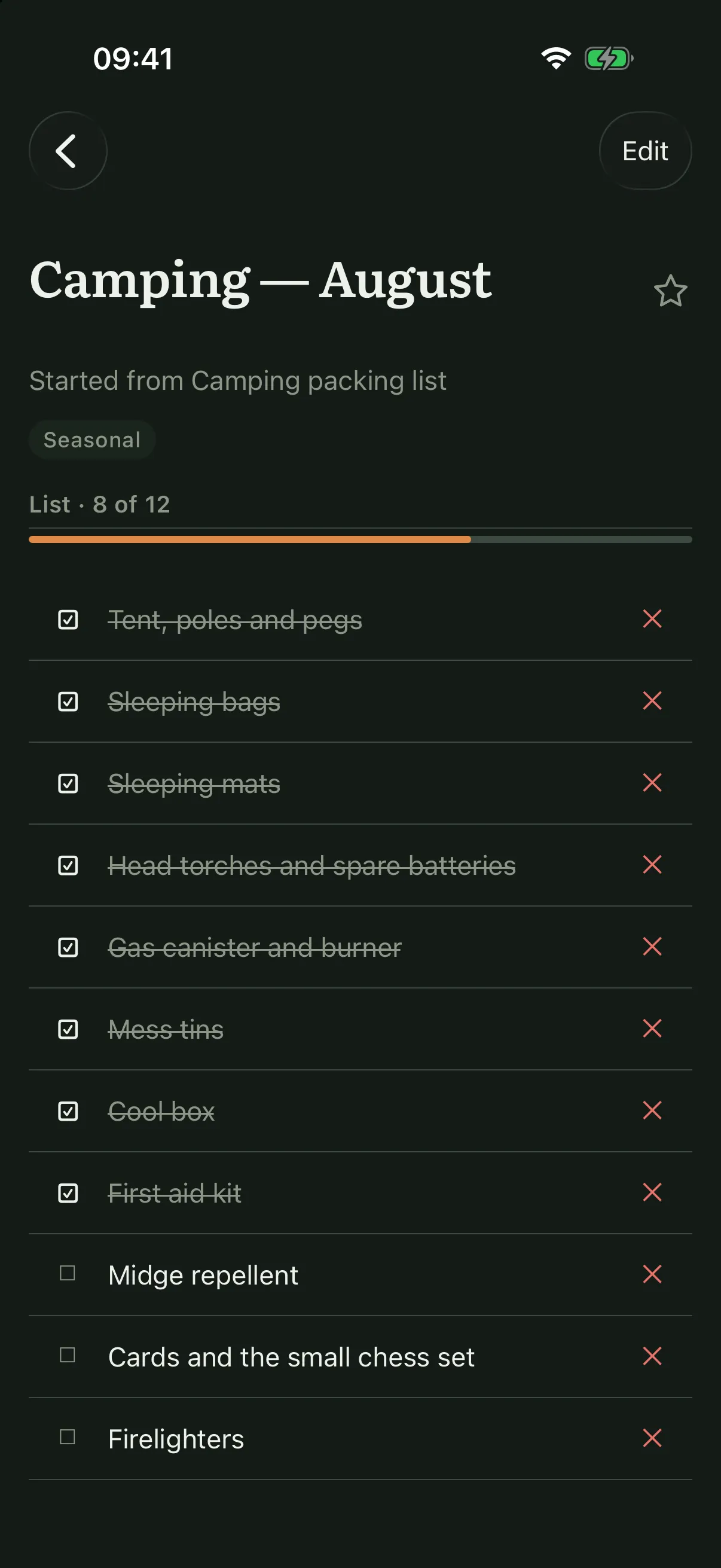 A camping packing run, eight of twelve items ticked and struck through, with the ones still to pack listed unticked below them.