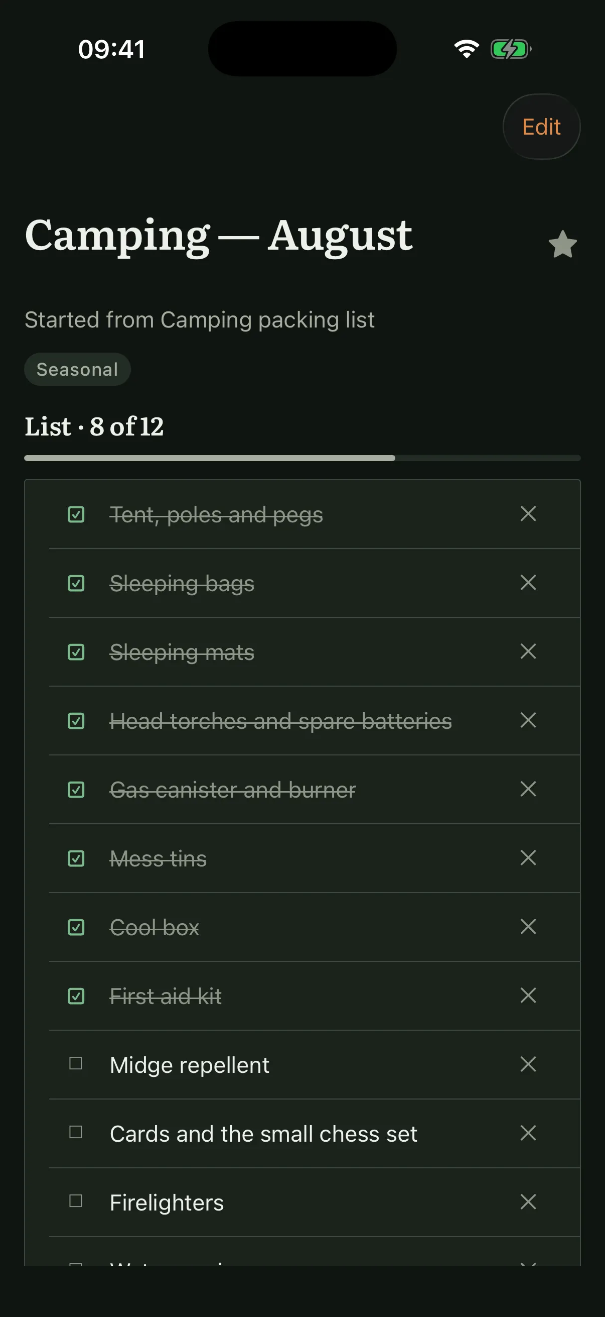 A camping packing run, eight of twelve items ticked and struck through, with the ones still to pack listed unticked below them.