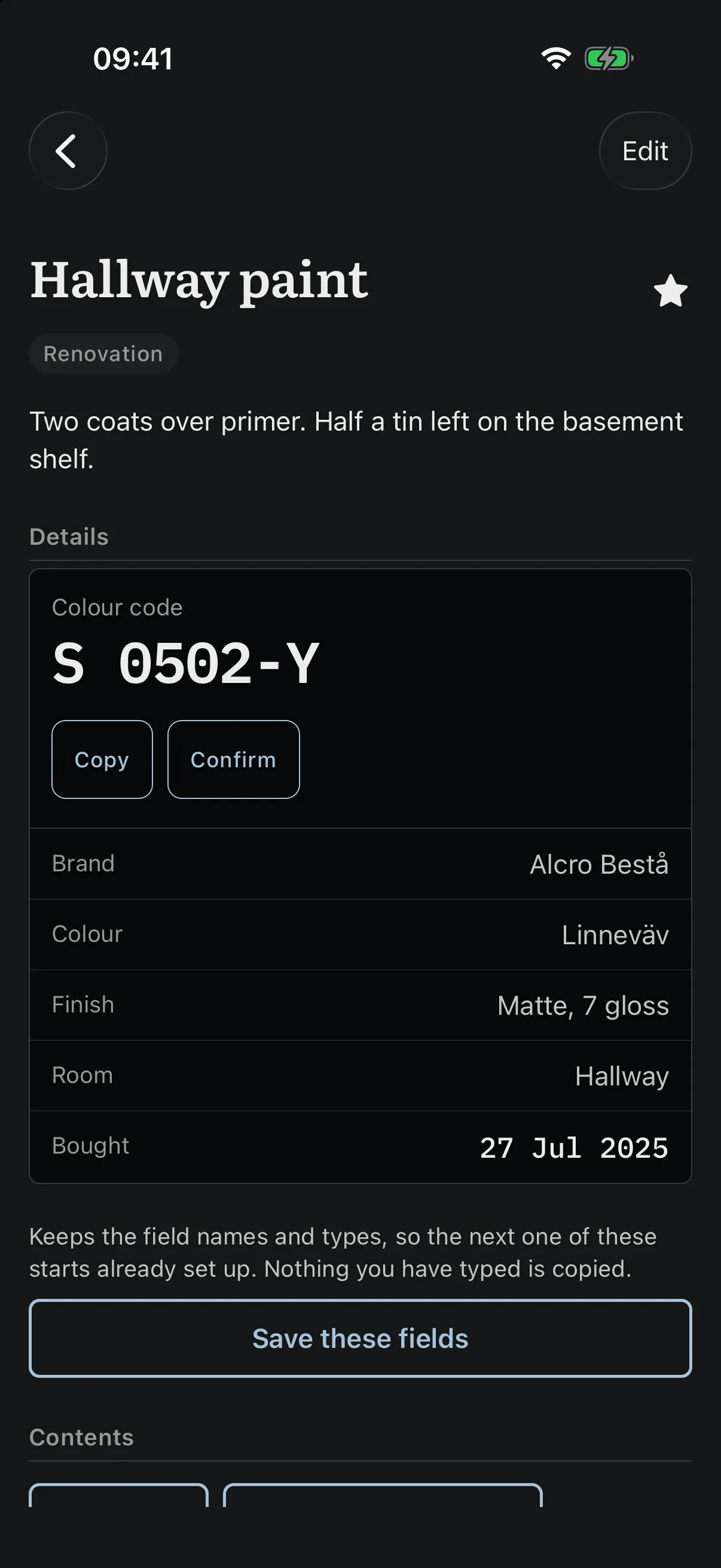 The hallway paint entry, with the colour code S 0502-Y promoted above the plate over a button that copies it, and the brand, colour name and finish on the plate below.